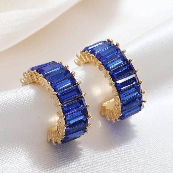 Blue Cubic Zirconia 14k Gold Hoops - Picture 4 of 4